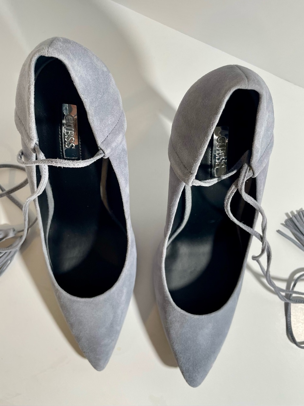 GUESS Suede Tassel Ankle-Tie Heels - Light Gray - Picture 8 of 15